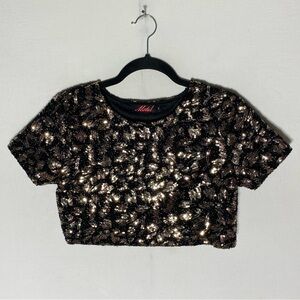 Motel Black & Gold Short Sequinned Short Sleeve Crop Top S